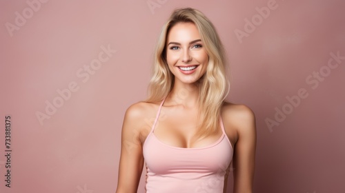 Happy attractive caucasian female in a pink top. Generative ai