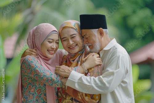 muslim family back home and hugging shake hand when eid mubarak or hari raya