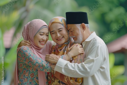 muslim family back home and hugging shake hand when eid mubarak or hari raya photo