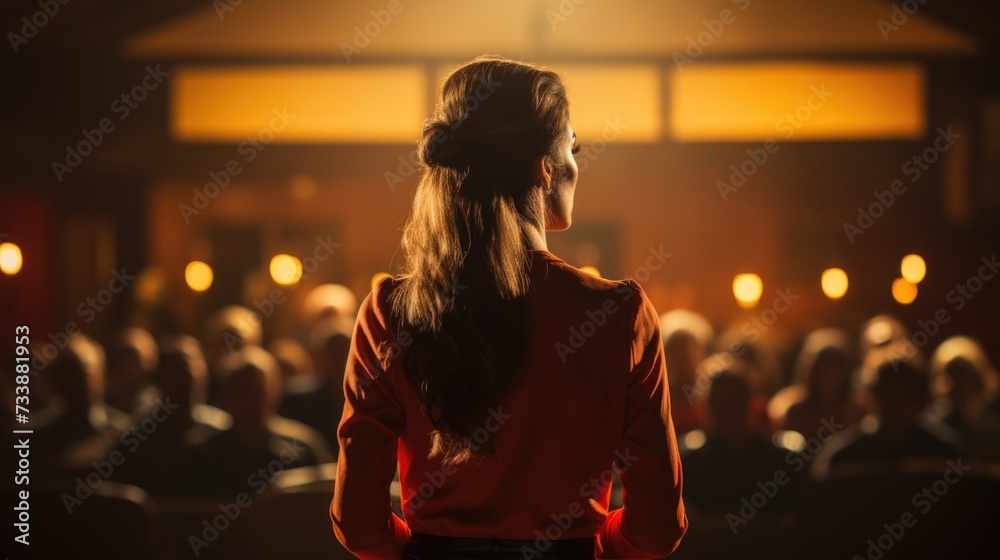Motivational female speaker on stage in front of the audience, back ...