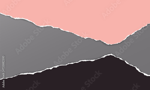 Torn, ripped pink, black paper strips with soft shadow are on dark grey background for text. Vector illustration.