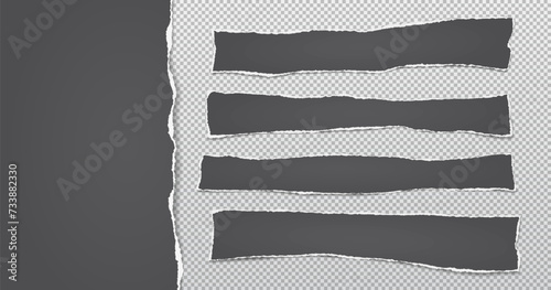 Torn, ripped dark grey paper strips with soft shadow are on transparent background for text. Vector illustration.
