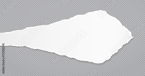 Torn, ripped white paper strip with soft shadow is on dark grey squared background for text. Vector illustration.