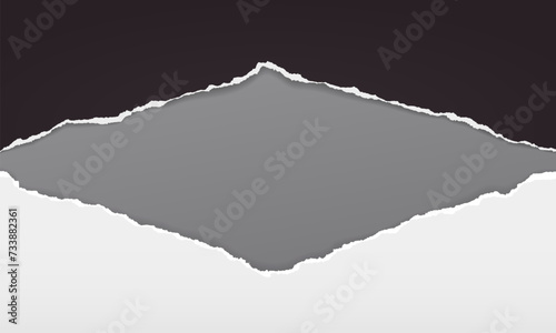 Torn, ripped white, black paper strips with soft shadow are on dark grey background for text. Vector illustration.