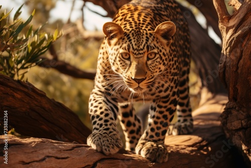 African leopard safari adventure. exploring savannah, climbing acacia trees, wildlife observation © chelmicky