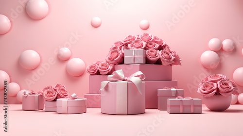 gift with a bouquet of pink roses