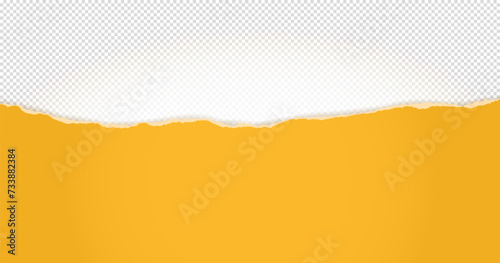 Torn, ripped horizontal yellow paper strip with soft shadow is on squared background for text. Vector illustration.