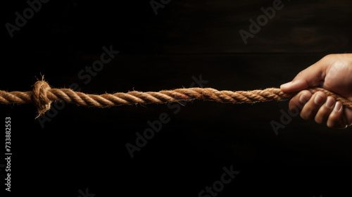 Hand pulling a rope on a black background. Generative ai