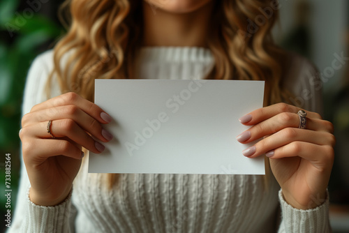 The girl is holding a white sheet of paper in her hands