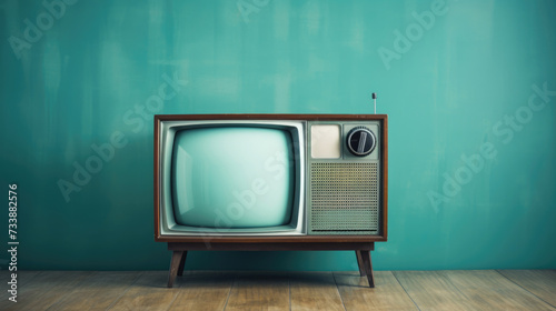 Retro old television isolated against blue wall. Generative ai