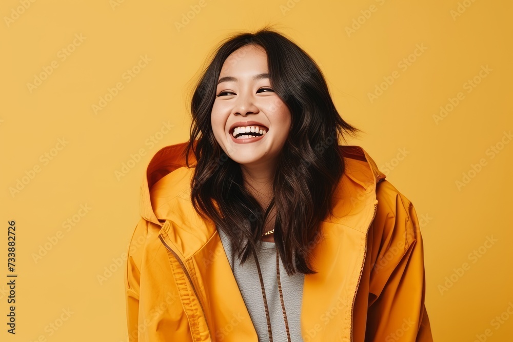Portrait of a happy young asian woman in yellow raincoat Portrait of a happy young asian woman in yellow raincoat
