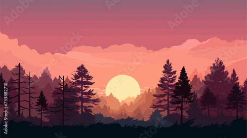 Mystic woodland at twilight  where the silhouettes of towering trees blend with the hues of a setting sun  evoking a sense of mystery. simple minimalist illustration creative