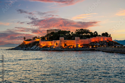 Pigeon Island and Castle night view in Kusadasi Town in Turkey photo