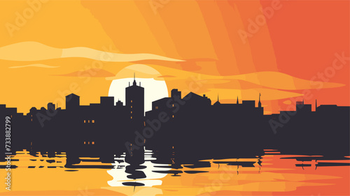 Minimalist scene with silhouettes of buildings against rising floodwaters  symbolizing the threat and destructiveness of floods to urban areas. simple minimalist illustration creative