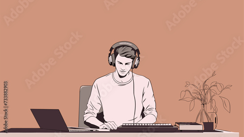 Minimalist scene of a musician with headphones in a sound studio  emphasizing the focus and immersion in the creative process. simple minimalist illustration creative