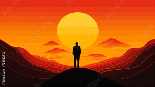 Abstract depiction of a confident leader's silhouette against a rising sun  symbolizing vision  guidance  and the dawn of new possibilities. simple minimalist illustration creative photo