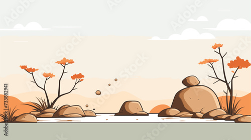 Minimalist representation of a serene Japanese tea garden with carefully placed rocks and greenery  symbolizing harmony and contemplation. simple minimalist illustration creative