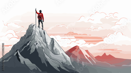 Vector illustration portraying a mountain climber reaching the summit  symbolizing the triumphant journey and success achieved through perseverance and determination. simple minimalist illustration
