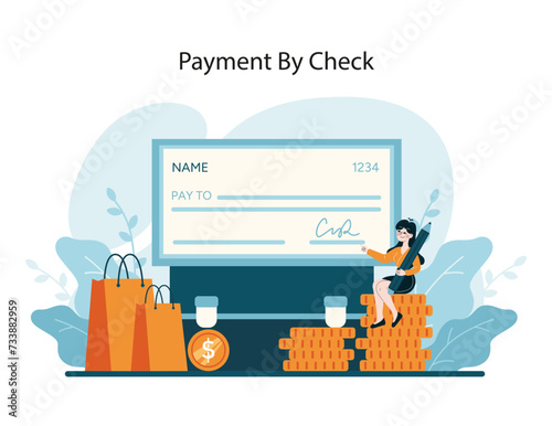 Payment By Check concept. Capturing the classic method of check payments in retail, juxtaposed with modern shopping elements. Flat vector illustration