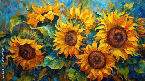 large oil sunflowers in van gogh style background art wallpaper, print, poster, wall painting, interior - generative AI #733882967