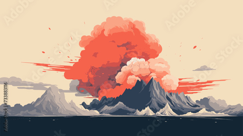 Illustration of a volcanic eruption from an aerial perspective  showcasing the expansive reach of ash clouds and the transformation of landscapes during eruptions. simple minimalist illustration