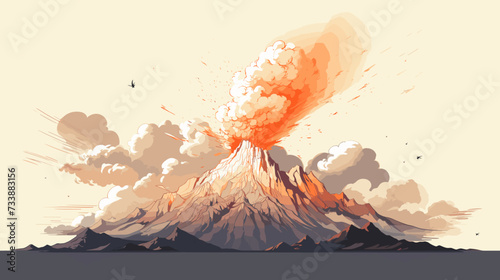 Illustration of a volcanic eruption from an aerial perspective  showcasing the expansive reach of ash clouds and the transformation of landscapes during eruptions. simple minimalist illustration