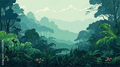 Tropical rainforest in the midst of a gentle rain  portraying the life-giving moisture that sustains the incredible array of plant and animal species. simple minimalist illustration creative photo