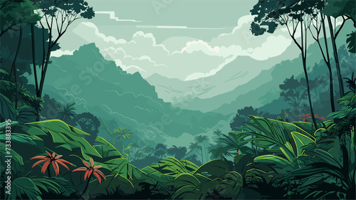 Tropical rainforest in the midst of a gentle rain  portraying the life-giving moisture that sustains the incredible array of plant and animal species. simple minimalist illustration creative