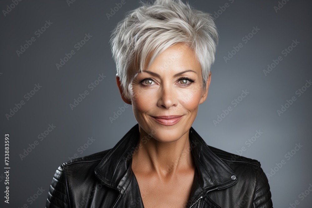 Portrait of a stylish mature woman with short gray hair, confidently gazing into the camera against a dark studio backdrop Portrait of a stylish mature woman with short gray hair, confidently gazing into the camera against a dark studio backdrop