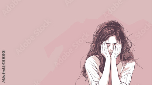 Vector illustration of a distressed woman with her head in her hands  conveying the emotion of frustration or overwhelm (頭を抱える女性). simple minimalist illustration creative photo