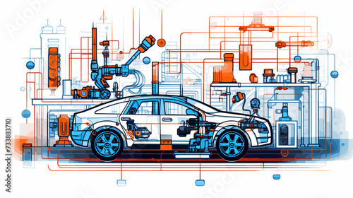 Car manufacturing plant illustration with assembly lines and robotic arms  highlighting the industrial processes involved in producing automobiles. simple minimalist illustration creative