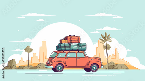 Vector art of a family road trip showcasing a car loaded with luggage and happy passengers symbolizing the joy of shared journeys. simple minimalist illustration creative