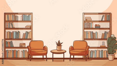 Vector art showcasing a cozy library corner with comfortable chairs and warm lighting  emphasizing the inviting and tranquil aspects of library spaces. simple minimalist illustration creative