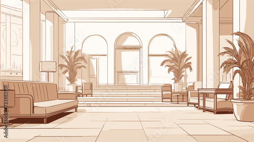 Digital graphic of a welcoming hotel lobby with chic furnishings  conveying the comfort and upscale ambiance of the finest accommodation in the city. simple minimalist illustration creative photo