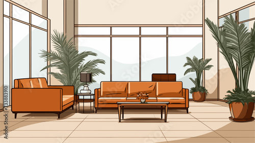 Digital graphic of a welcoming hotel lobby with chic furnishings  conveying the comfort and upscale ambiance of the finest accommodation in the city. simple minimalist illustration creative
