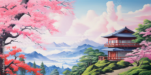 Japanese landscape Cherry blossom branches, mountains, rivers, castles, countryside.