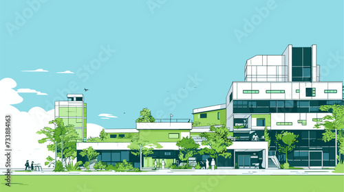 Digital graphic featuring a modern office building with rooftop gardens and green facades  showcasing the synergy between corporate functionality and environmental consciousness. simple minimalist