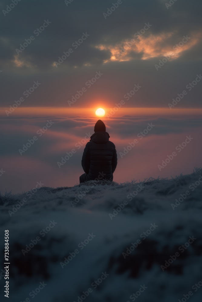 Silhouette of a person sitting on a rock, looking sunset.