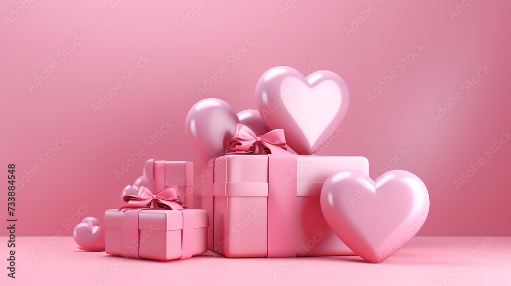 pink gift with pink ribbon with pink balloons forming a heart on a pink backgrounda