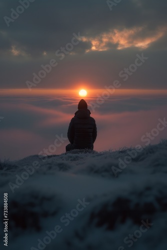 Silhouette of a person sitting on a rock, looking sunset.