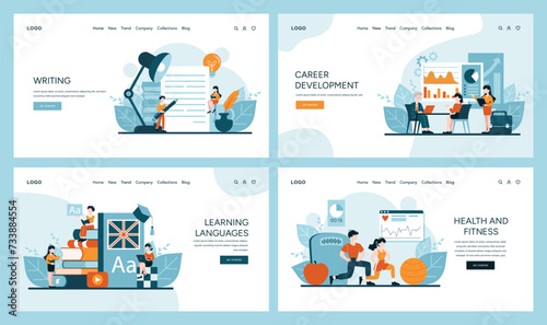 Wellness and Communication set. Serene meditation and yoga poses for inner peace. Engaging podcasting sessions for knowledge sharing. Dynamic health and fitness routines. Vector illustration