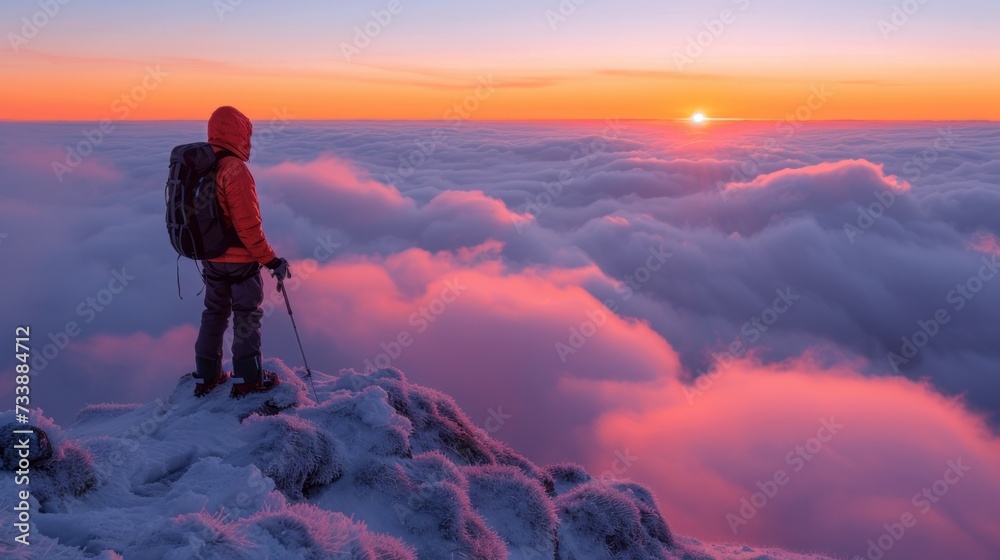 Outdoor image, the top of the mountain. Sunrise, sunset, hiker, sky. Landscape.
