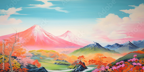 Fuji mountain painting. Sakura blossom and misty forest on mountain. © Rassamee