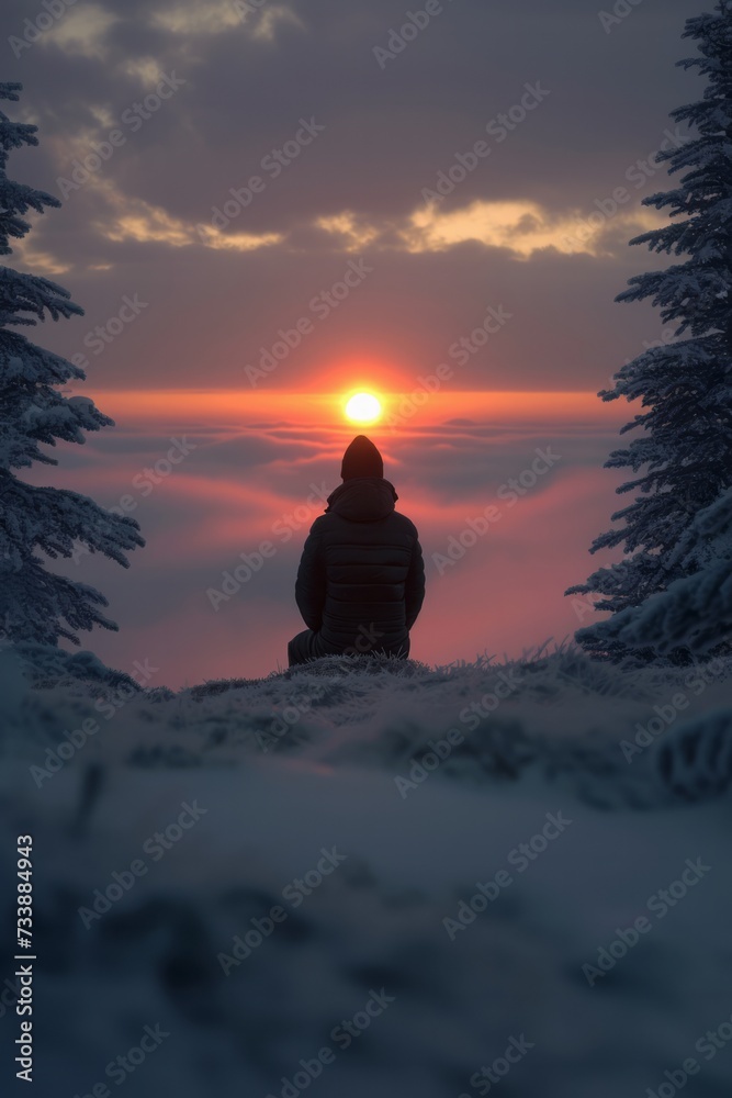 Silhouette of a person sitting on a rock, from the back looking at the sunset over the sky. Silhouette of a person sitting on a rock, from the back looking at the sunset over the sky.