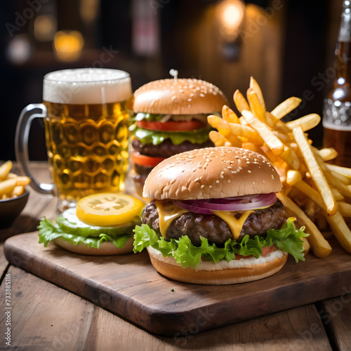 Hamburger, beer, and fries meal