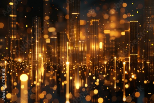 A city skyline at night in gold lights.