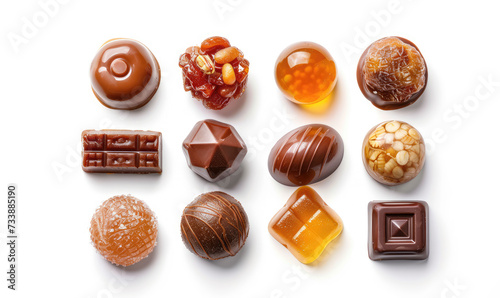 An assortment of fine chocolates displays a variety of shapes and garnishes on a pristine white background.