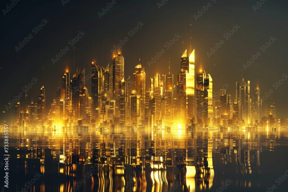 A city skyline at night in gold lights.