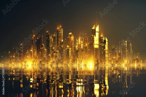 A city skyline at night in gold lights.