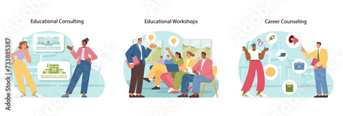 Academic support set. People of various ages using services like educational consulting, workshops, and career counseling for personal development. Importance of education. Flat vector illustration